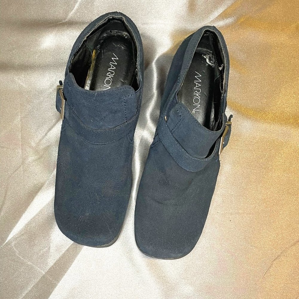 Markon Blue Suede Ankle Booties With Buckle Accent, Size 9M